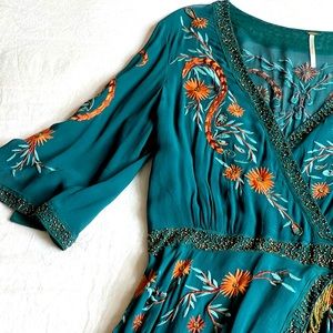 RARE Free People Embroidered Beaded teal high low Dress